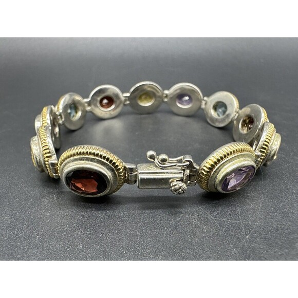 Sterling Silver 14k Gold Multi Gemstone Bracelet 7.25"~Garnet~Citrine~Amethyst - Picture 6 of 11